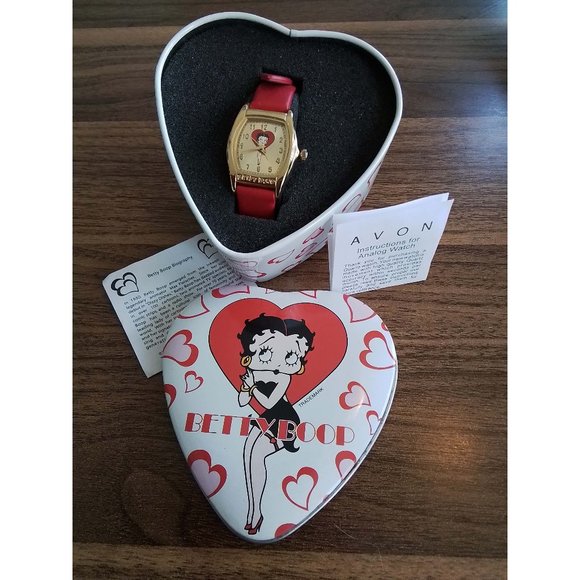 Betty Boop Red Strap Gold Tone Watch in Heart Tin - Picture 1 of 9